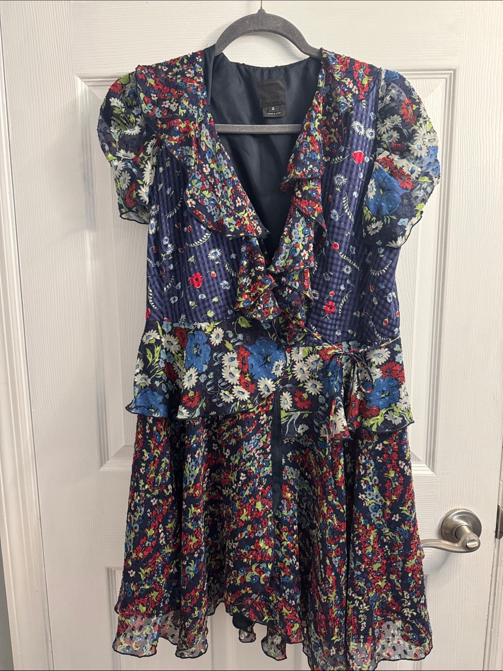 Anna Sui Navy Floral Ruffled Short Sleeve Dress